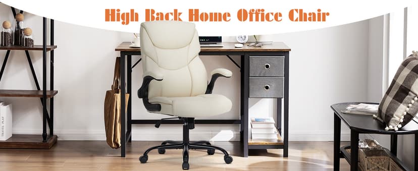 Sweetcrispy Ergonomic Office Chair Heavy Duty Task Desk Chair with Flip-up Arms, PU Leather, Adjustable Swivel Rolling Chair with Wheels, Beige