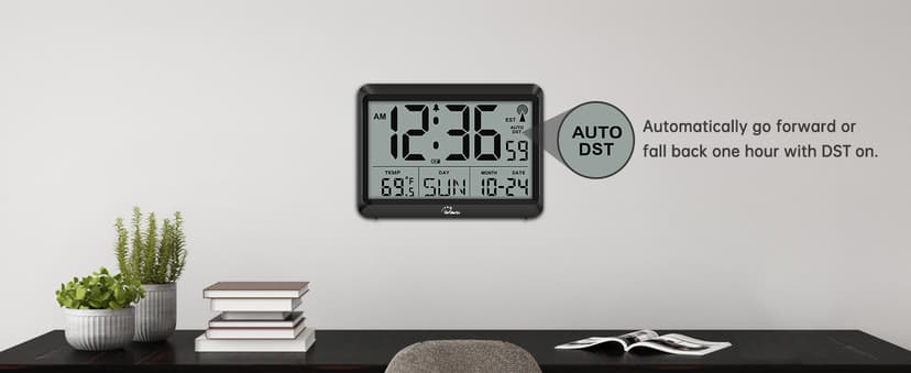 WallarGe Atomic Digital Wall Clock Battery Operated, Self-Setting, Large Display with Temperature, Date, Day of The Week, Silent Wall Mount Digital Clock, 4 Time Zones, DST