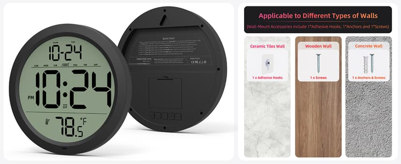 Digital Wall Clock with Date, Indoor Temperature, Auto-DST, Battery-Operated Digital Clock, 8 Inch Small Decorative Wall Clock for Bedroom, Living Room, Home, Kitchen, Office, Modern, Electric, Simple