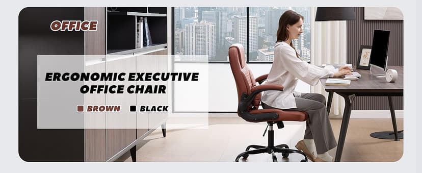 Executive Office Chair PU,Leather Office Chair with Wheels,360° Swivel Rolling Chair with Padded Arms,Ergonomic Computer Chair with Lumbar Support for Short People Use(Brown)