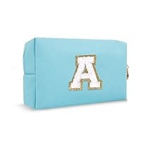 Small Personalized Initial A-Z Preppy Patch Makeup Bag,White PU Chenille Letter Travel Cosmetic Pouch with Zipper,Cute Toiletry Bag,Gift Ideal for Teen Girls Women Teacher Bridesmaid,Letter E