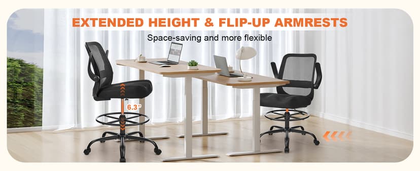 Drafting Chair for Standing Desks, 500LBS Capacity Tall Office Chair with Adjustable Height, Foot Ring, Flip-Up Armrests, Thick Curved Seat for Home Office, Drawing, and Creative Work