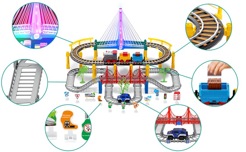Electric Train Set for Kids Ages 4-8 with Train Tracks Set & Car Tracks Lights Up Bridge Road Sign Realistic Sound Train Track Accessories Playset Boy Toys Birthday 4 5 6 7 8+ Year Old
