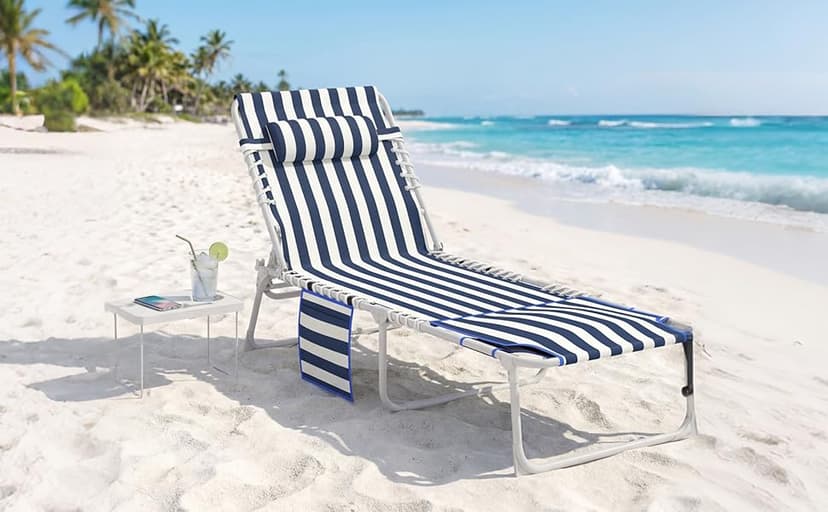 Outsunny Tanning Chair with Face Hole, Side Table, 5-Position Reclining Folding Chaise Lounge Chair Outdoor Lounger Recliner, Carry Straps for Beach Pool Camp, Oxford Fabric, Blue and White