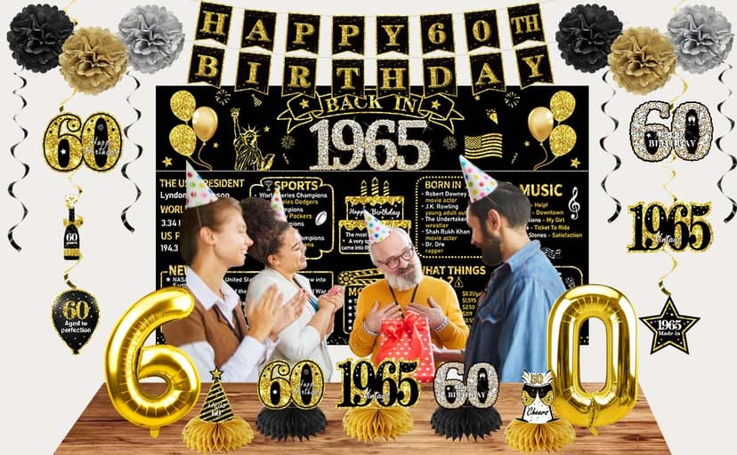 Zirtorei 60th Birthday Decorations for Men, 21pcs Vintage 1965 Banner Party Supplies, Black Gold 60 Year Old Birthday Backdrop, 60 Birthday Honeycomb Centerpiece Hanging Swirls Balloon Sash Gifts