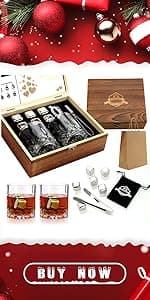 Whiskey Stones Gift Set - Whiskey Glass Set of 2 - Granite Chilling Whiskey Rocks - Scotch Bourbon Box Set -Father's Day Birthday Gifts for Men Drinking Gift for Dad Him Husband Party Holiday Present