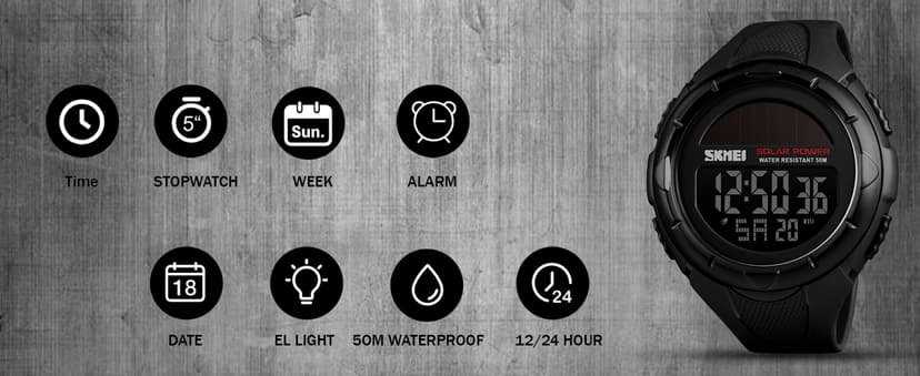 Gosasa Men's Outdoor Sports Multifunction Solar Power LED Digital Watches 50M Water Resistant