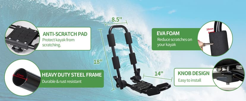 Leader Accessories Folding Kayak Rack 4 PCS/Set J Bar Car Roof Rack for Canoe Surf Board SUP On Roof Top Mount on SUV, Car and Truck Crossbar with 4 pcs Tie Down Straps