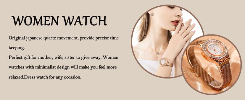 Watches Sets for Women, Rose Gold Watch Set Necklace Earring Bracelet 4 Pieces Jewelry Set for Mom Wife Girlfriend
