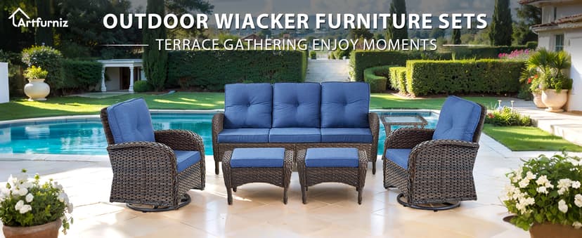2 in 1 Porch Glider Swivel Chair - Wicker Patio Furniture Outdoor Swivel Rocker Chair with Thick Cushion, 300 Lb Weight Capacity Patio Swivel Glider Seating - Brown Wicker, Blue Cushion