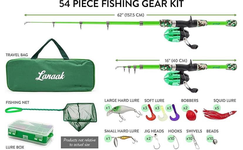 Lanaak Kids Fishing Pole, Kids Portable Telescopic Fishing Rod Set, Tackle Box and Fishing Net Combo Kit, Kids Fishing Gear for Boys and Girls Age 5-10 and Youth