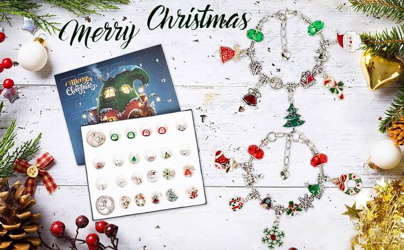 Christmas Advent Calendar Bracelets 2025 for Girls 24 Days Xmas Countdown Calendar DIY Jewelry Making Kit Gift 22 Charm Beads 2 Bracelets for Kids Teens Women