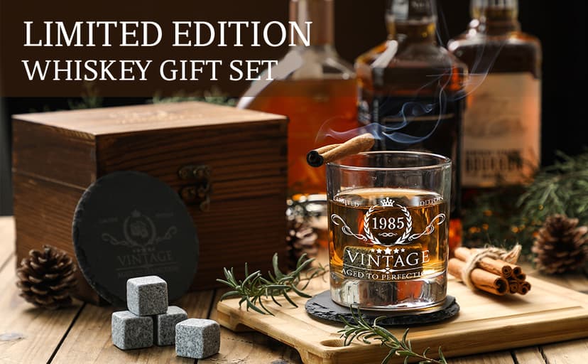 40th Birthday Gifts for Men Whiskey Glass Set - 40th Birthday Decorations, Party Supplies - 40 Year Anniversary, Bday Gifts Ideas for Him, Dad, Husband, Friends - Wood Box & Whiskey Stones & Coaster