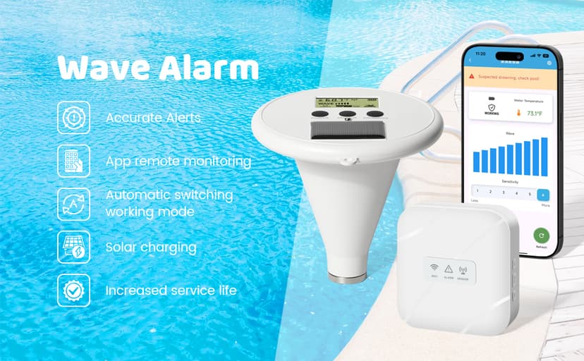 WiFi Pool Alarm, Zuomeng Solar Wave Pool Alarm with Optimal Sensitivity, Remote Control by App, Dual Alarming via Device & App, Offering Extra Protection for Your Child and Pet