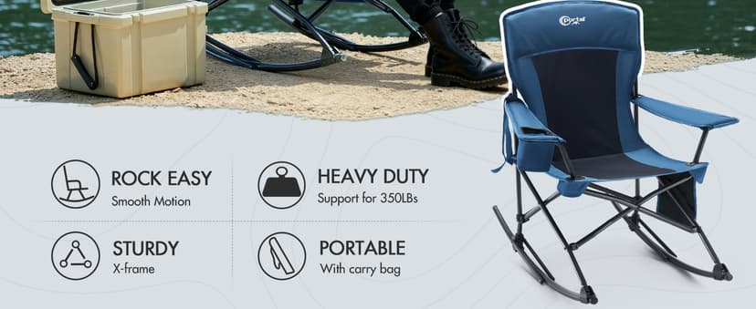 Portal Outdoor Rocking Chair Camping Folding Portable Rocker with Cup Holder Side Pocket Carry Bag, Support 350LBS (Midnight Blue)