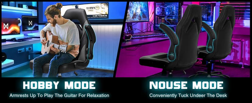 DUMOS Ergonomic Computer Gaming Chair with Flip-up Armrest, Height Adjustable PU Leather Home Office Desk Chair with Lumbar Support Swivel Wheels and for Adults and Kids, Black and Gray