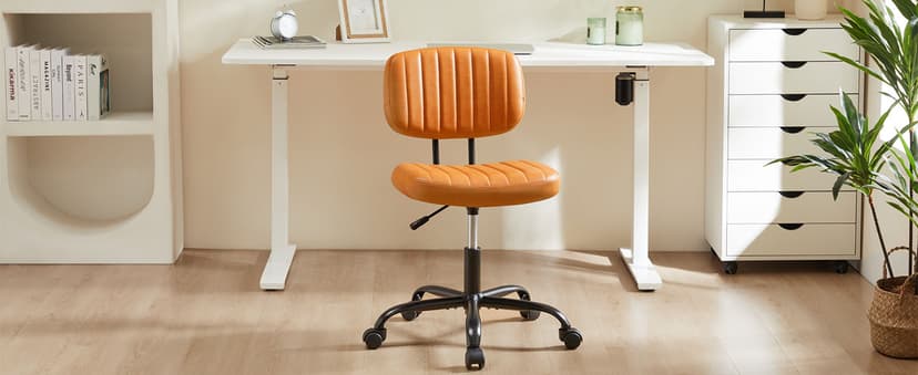 Sweetcrispy Small Office Desk Chair - Armless PU Leather with Comfy Lumbar Support, Height Adjustable Rolling Swivel Task for No Arms, for Adult, Student, Bedroom, Home, Vanity, Brown