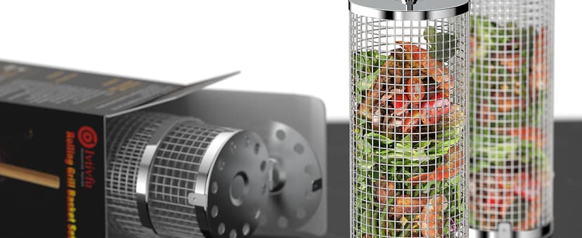 Rolling Grill Basket, Removable Wooden Handle, 304 Stainless Steel, Nesting Smoker Net, BBQ Accessories Tools for Vegetable Shrimp, Outdoor Cooking Camping, Birthday Gifts for Men Dad Husband