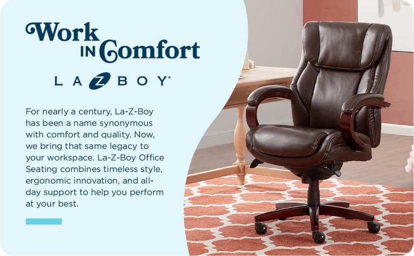 La-Z-Boy® Bellamy Executive Office Chair with Memory Foam Cushions, Real Wood Arms and Swivel Base, Waterfall Seat Edge, Faux Bonded Leather, Brown
