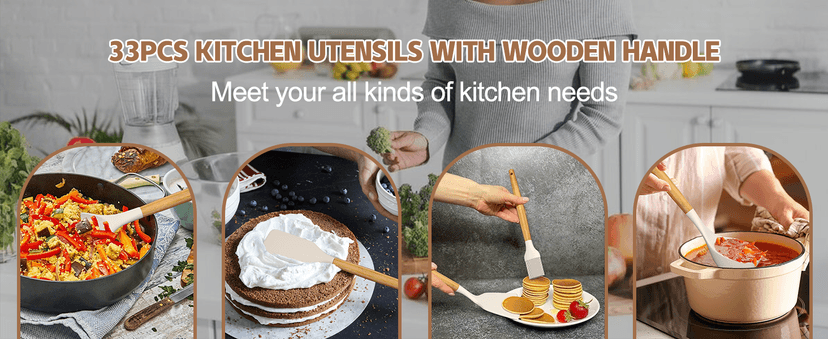 Umite Chef Kitchen Cooking Utensils Set, 33 pcs Non-Stick Silicone Cooking Kitchen Utensils Spatula Set with Holder, Wooden Handle Silicone Kitchen Gadgets Utensil Set (Khaki)