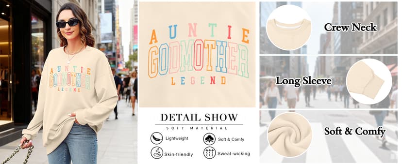 KIDDAD Women's Auntie Sweatshirt Cool Aunt Godmother Legend Crewneck Pullover Top Long Sleeve Graphic Aunts Shirt
