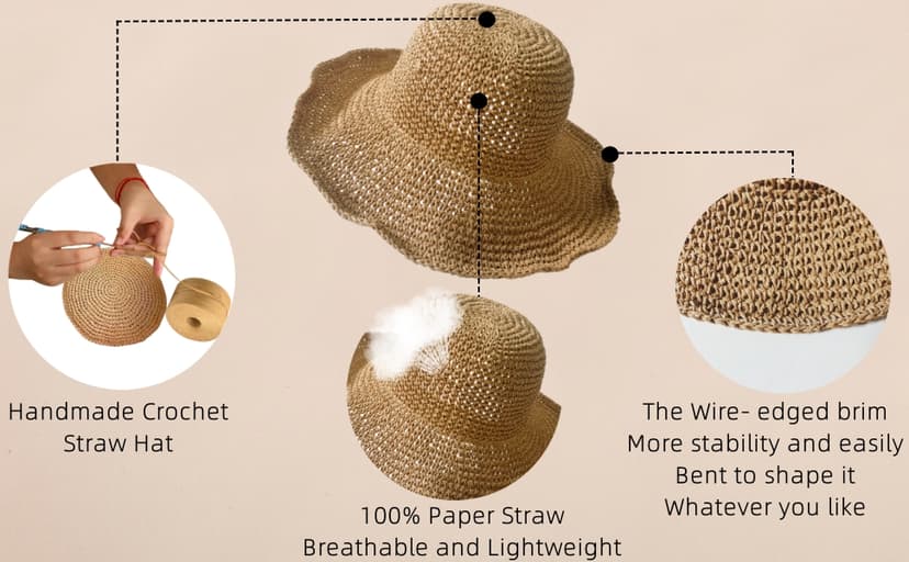 Askljeby Floppy Big Beach Straw Hats for Women Foldable Summer Wide Brim Packable Sun Hat Womens Travel Straw Fedora Hat