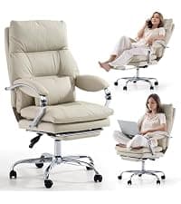 LEAGOO Office Chair with Foot Rest, Ergonomic Executive Office Chair with Arms, Reclining High Back PU Leather Comfy Swivel Computer Desk Chairs with Wheels and Lumbar Support for Home Office, Cream