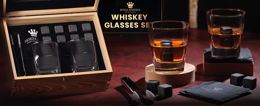 Whiskey Stones Gift Set by Royal Reserve, Artisan Crafted Scotch Bourbon Glasses, Chilling Rocks, Coasters and Tongs – Whiskey Gifts for Men Dad Boyfriend Anniversary or Retirement
