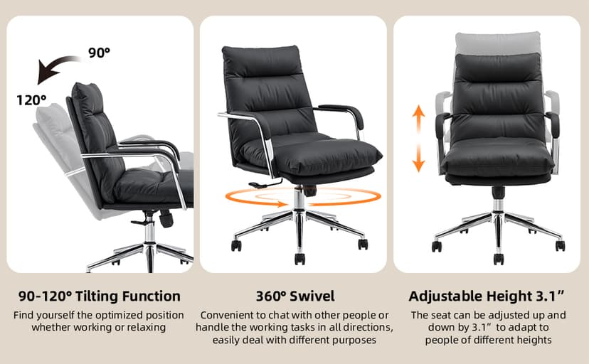 Leather Home Office Desk Chair, Executive Comfy Desk Chair with Support Armrests, Swivel Wheels, Height Adjustable, Mid Back, 360 Swivel, Computer Chair for Office Room, White