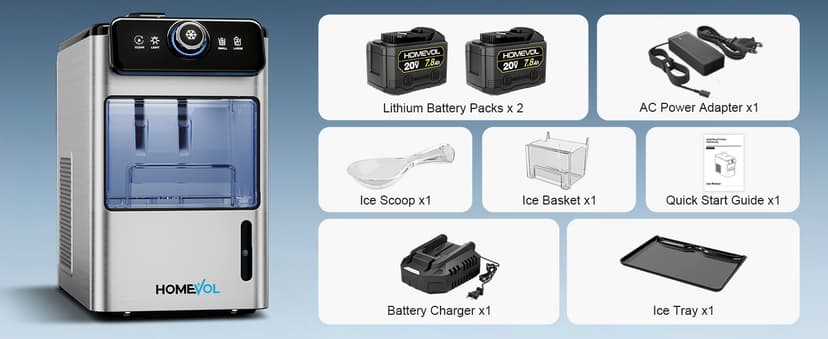 Cordless Rechargeable Battery Powered Ice Maker, 30Lbs/24H Portable Countertop Ice Machine with 2 × 20V Max 7.8Ah Battery and Charger, Self-Cleaning, 5.5H Max Runtime, Stainless Steel