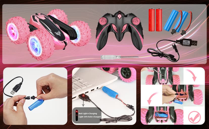 Remote Control Car, 2.4GHz RC Stunt Car, Double Sided 360° Rotating RC Cars with LED Headlight & LED Wheel, High Speed Off Road RC Crawler Xmas Gift for 3 4 5 6 7 8-12 Year Old Girls Toys (Pink)