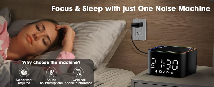 Alampan White Noise Sound Machine with Alarm Clock, 30 Soothing Sounds, Noise Machine for Sleeping, RGB Night Light, Digital Clock, Adults, for Bedside, Nightstand, Including Fan, Rain, Bird, Ocean