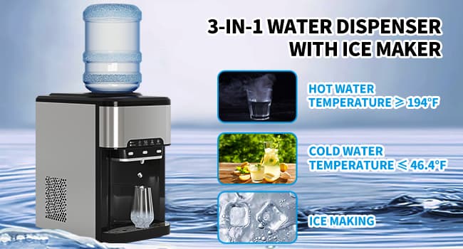 TABU 3-in-1 Countertop Water Dispenser&Ice Maker with 3 Temp Settings, 44LBS/24H, 4LBS Storage, Top-Loading, for 3-5 Gallon Bottles