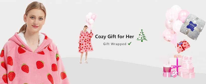 KFUBUO Wearable Blanket Hoodie for Adults Sherpa All Patterns Oversized Sweatshirt Blanket with Pockets Cute Birthday Gifts for Sister Strawberry