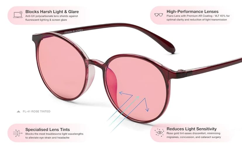 BRADDELL Indoor FL-41 Rose & Outdoor FL-60 Brown Tinted Migraine Light Sensitivity Glasses for Fluorescent LED Glare, Photophobia and Concussion (MEDIUM)
