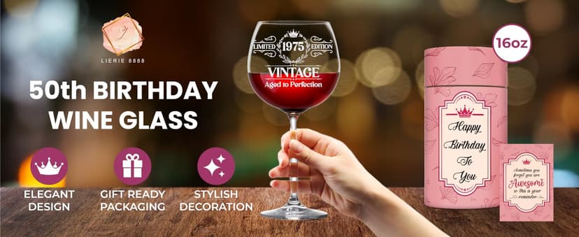 Vintage 1975 Engraved Wine Glass - 50th Birthday Gifts For Her - Cool Gifts For 50 Year Old Woman - 1975 Birthday Present - Fifty Women Gift Ideas - Turning 50 Cup for Wife, Sister, Daughter, Ladies