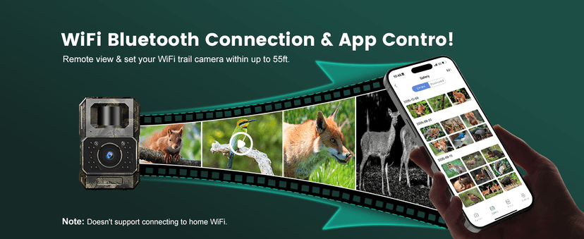 MAXDONE Solar WiFi Trail Camera Bluetooth Game Camera, 4K 64MP Wildlife Cameras 2000mAh Built-in Battery Rechargeable Power Hunting Cameras with Night Vision Trail Cam Bluetooth Wi-Fi Deer Cams