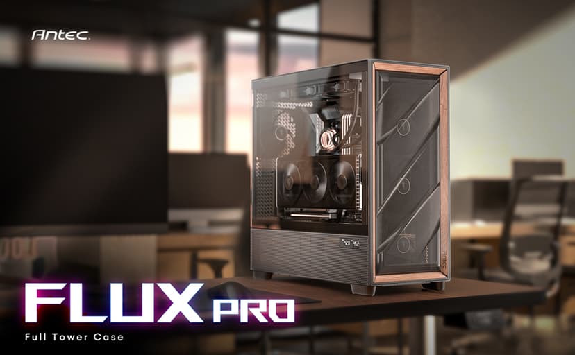Antec Flux Pro, 6 x PWM Fans Included, High-Airflow Front Panel with Walnut Wood, iShift PSU 90° Mount, USB3.0 x 2, Type-C, 420mm Radiator Support, Temp. Display, Full-Tower E-ATX PC Case