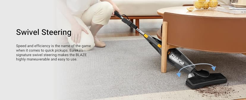 Eureka Blaze Stick Vacuum Cleaner, Powerful Suction 3-in-1 Small Handheld Vac with Filter for Hard Floor Lightweight Upright Home Pet Hair, Dark Black