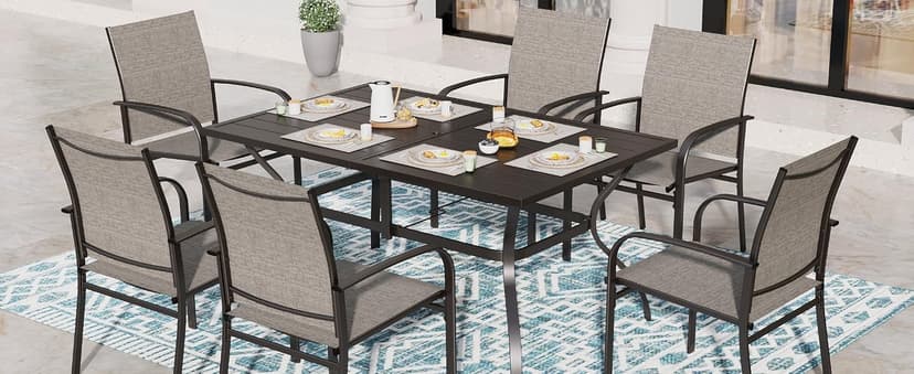 SUNSHINE VALLEY 7 Piece Patio Dining Set for 6, Rectangular Metal Table with Umbrella Hole, 6 Brown Dining Chairs, Outdoor Table and Chairs Set for Lawn Backyard and Deck