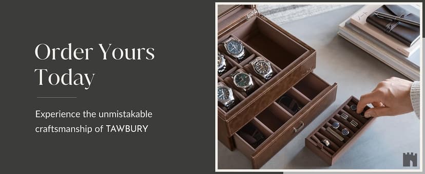 TAWBURY 6 Slot Watch Box for Men - Luxury Watch Jewelry Box for Men with Storage for Sunglasses, Cufflinks | Men's Jewelry Box with Watch Storage | Watch Display Case (Brown)