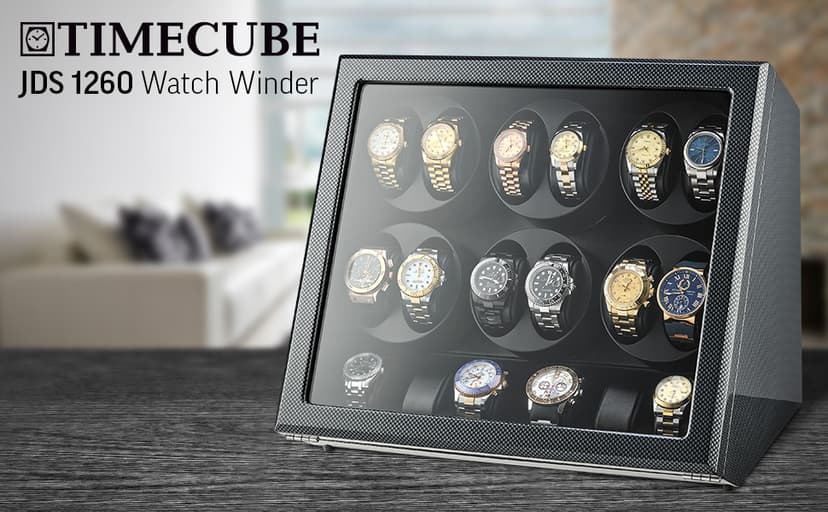 TIMECUBE 12 Watch Winder with 6 Storage Slots, LED Light and Automatic Motor-Stop (Carbon)