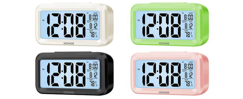 KESHIDE Digital Alarm Clock Battery Operated with Indoor Temperature, Desk Small Clock,Snooze Model,12/24H Display for Bedrooms Heavy Sleepers Kids Travel Bathroom (Black)