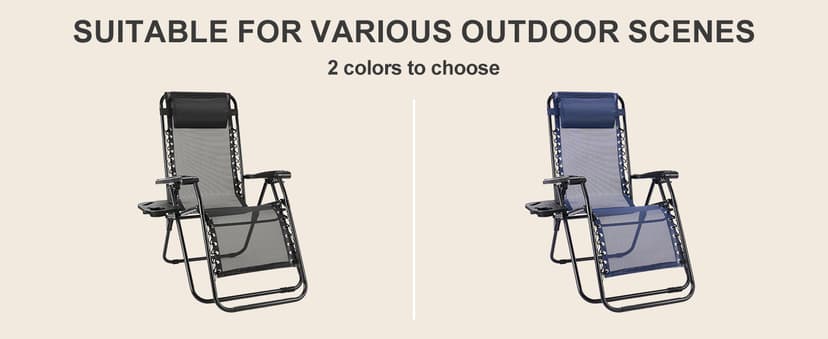 Sweetcrispy Zero Gravity Chairs, Set of 2 Portable Recliner Beach Camping Patio Outdoor Folding Lounge Chair with Cup Holder Trays and Adjustable Pillow for Poolside, Garden, Backyard, Lawn (Black)