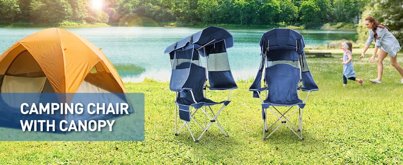 Docusvect Beach Chair with Canopy Shade, Folding Camping Chair with Canopy with Cup Holder, Side Pocket for Camp, Beach, Tailgates, Fishing - Support 330 LBS