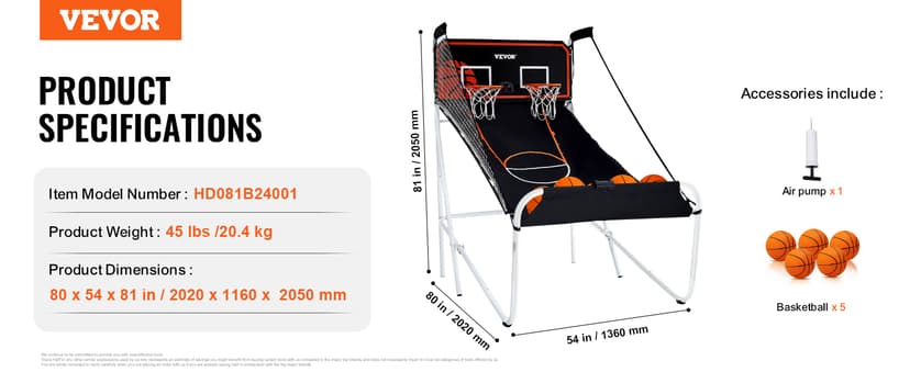 VEVOR Foldable Basketball Arcade Game, 2 Player Indoor Basketball Game, Home Dual Sport with 5 Balls, 8 Game Modes, Electronic Scoreboard, and Inflation Pump,Adults