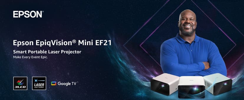 Epson EpiqVision Mini EF21 Portable Smart Laser Projector, Bright 1,000 Lumens, FHD 1080p HDR, 3-Chip 3LCD, Google TV, Netflix, Stereo Speakers, Family Party/Outdoor Backyard/Home Theater - White