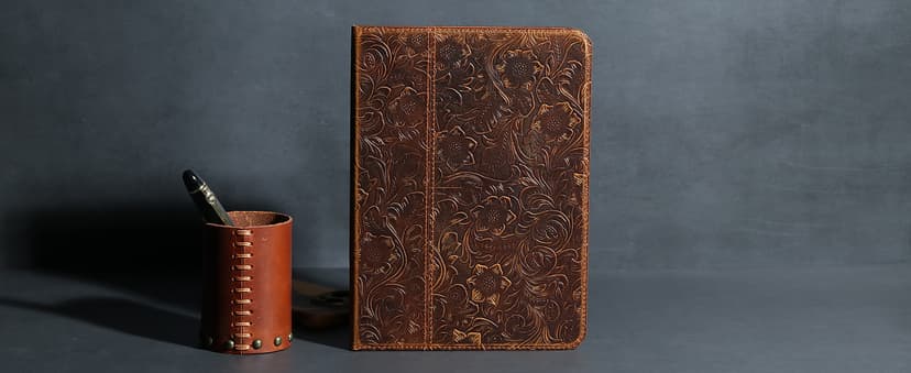 Gexmil Genuine Leather Case for iPad Pro 11 Inch (M5/M4) 2025/2024 with Pencil Holder,Protective Shockproof Leather Smart Folio Cover Adjustable Stand Auto Sleep/Wake Anti-Slip, Flower Brown
