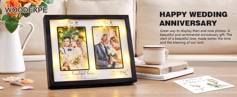 Then & Now 50th Anniversary Picture Frame for Couple, Celebrate Years of Love Anniversary Wooden Photo Frame for Parents, Husbands, Wives, Wedding Engagement Gifts, Double Frame 4x6 Photos Black