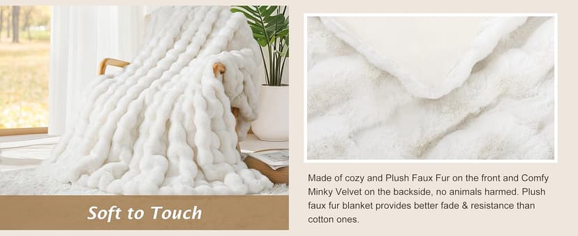 Touchat Luxury 1000GSM Faux Rabbit Fur Throw Blanket, Super Heavy Warm Cozy Blankets for Couch Bed Sofa, Bubble Plush Fuzzy Elegant Soft Reversible Mink Blanket for Living Room Bedroom, Cream White